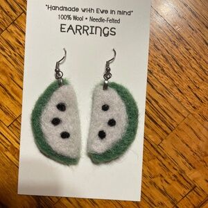 Green apple needle-felted 100% wool earrings, 2” Handcrafted